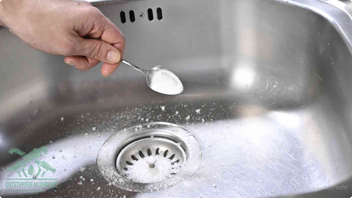 Een hand strooit met een lepel soda in de afvoer van een roestvrijstalen spoelbak, de soda en azijn huismiddel-methode om de afvoer te ontstoppen in Mijdrecht