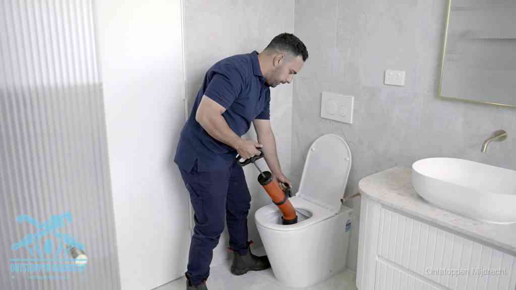 Een monteur buigt over een wandcloset en duwt met de hand een persluchtontstopper in de toiletpot om de verstopping handmatig los te maken in Mijdrecht