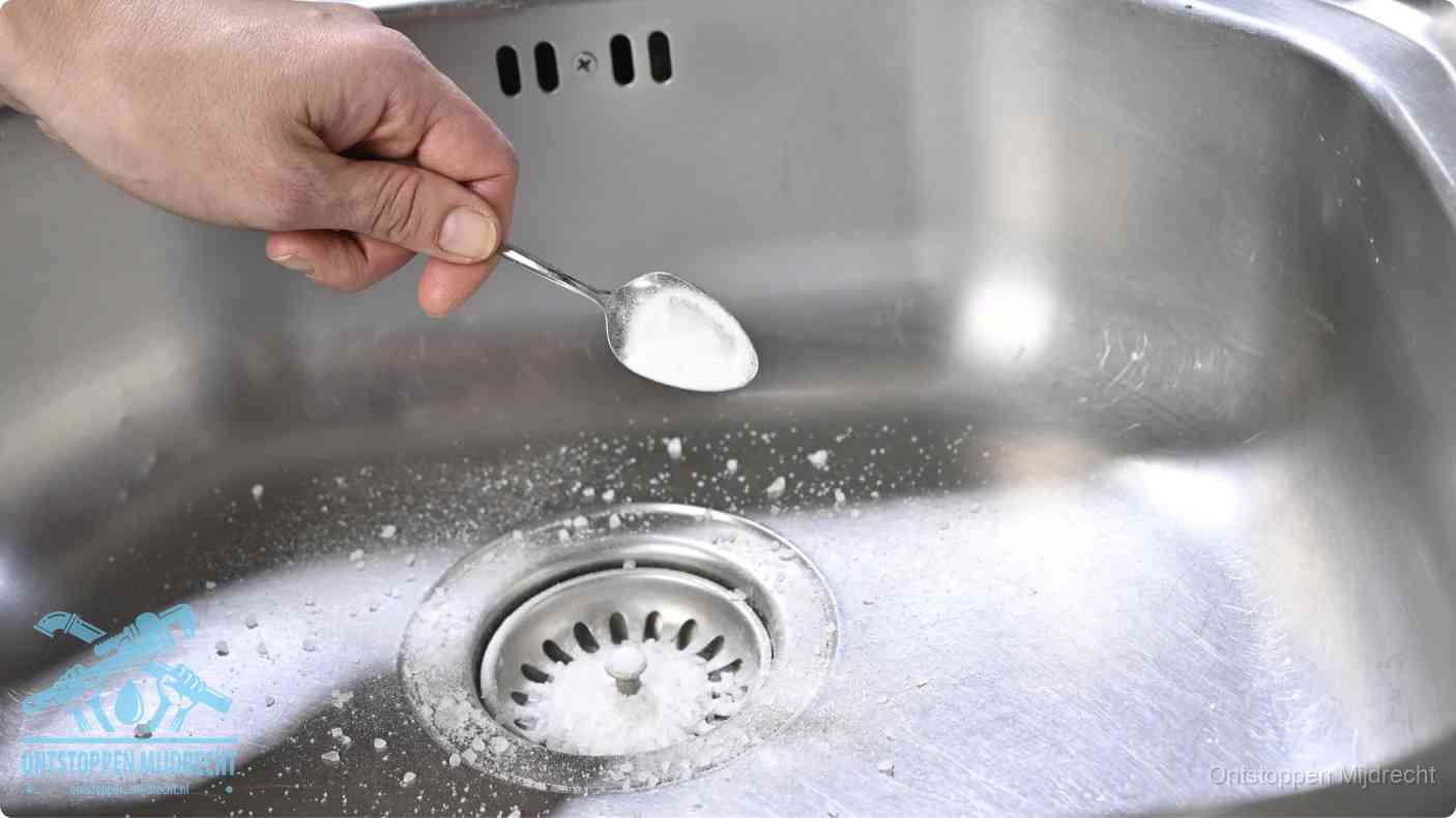 Een hand strooit met een lepel soda in een afvoerputje, de soda en azijn huismiddel-methode om de wc te ontstoppen in Mijdrecht