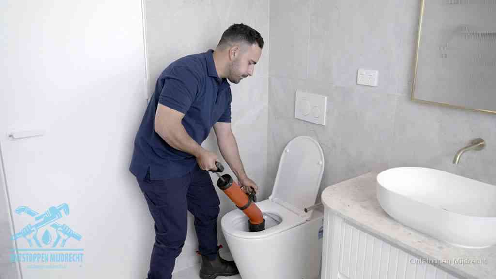Een monteur gebruikt een handmatige perspomp (toiletontstopper) op een wandcloset tijdens het professioneel wc ontstoppen in Mijdrecht