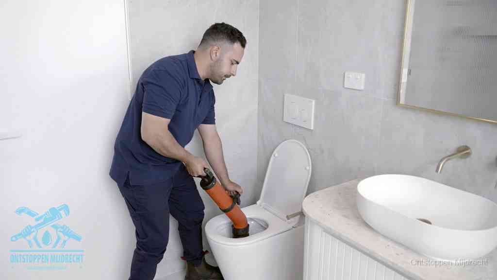 Een man gebruikt een handmatige luchtdruk-ontstopper in een modern betegeld toilet om zelf de wc te ontstoppen in Mijdrecht